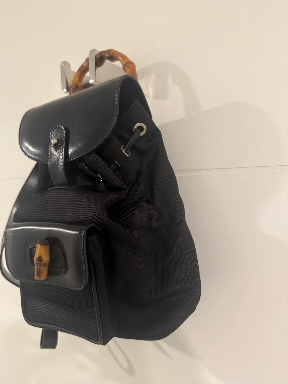 Mini Gucci Black Leather bamboo backpack with Drawstring